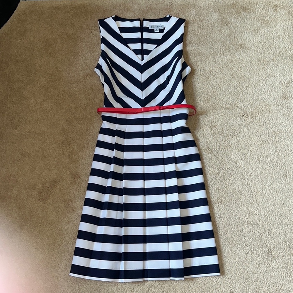 Shelby & Palmer size 6 sleeveless dress, navy/white stripes with red belt